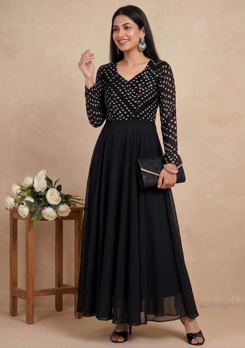 Black Printed Crepe Kurta - Indya