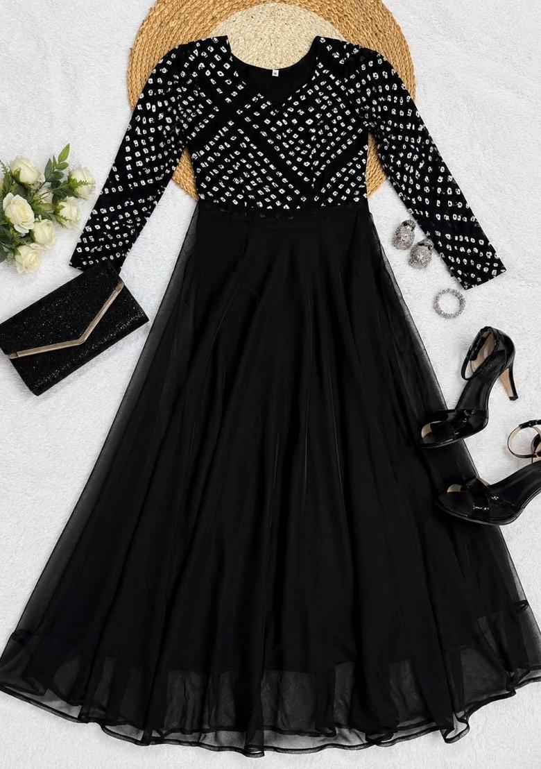 Black Printed Crepe Kurta - Indya