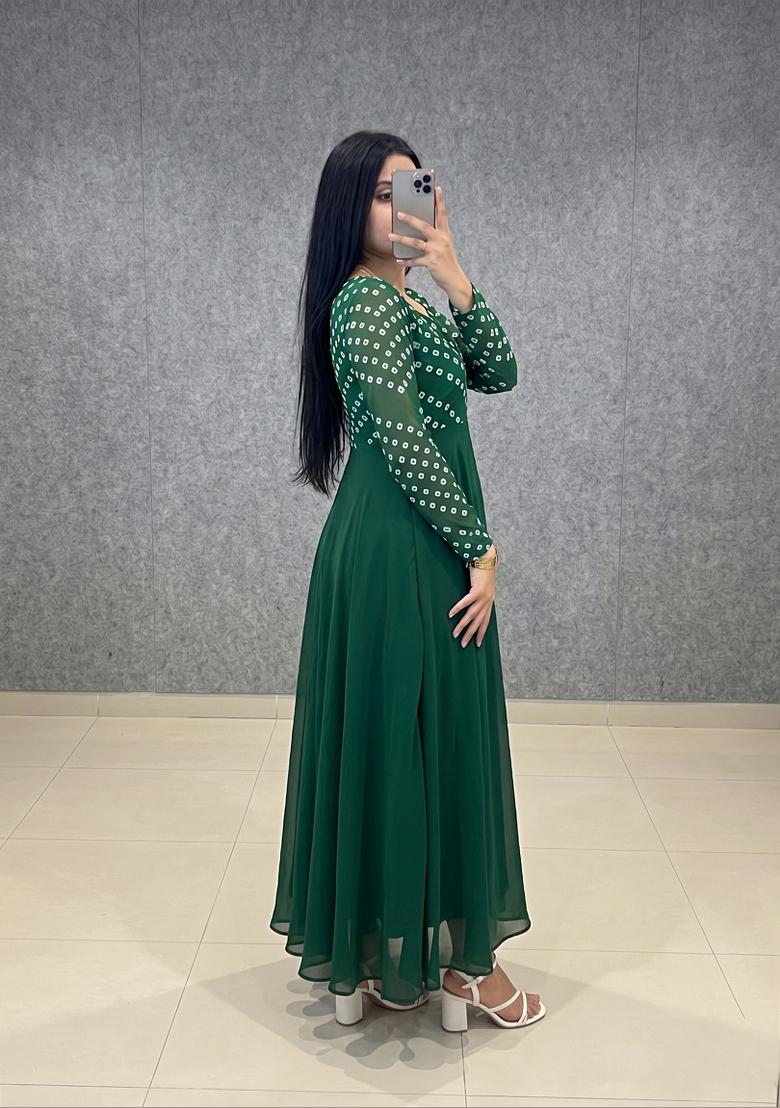 Green Printed Crepe Kurta - Indya