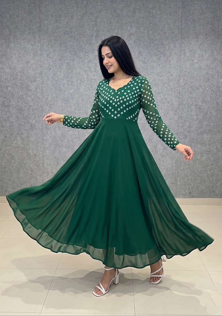 Green Printed Crepe Kurta - Indya
