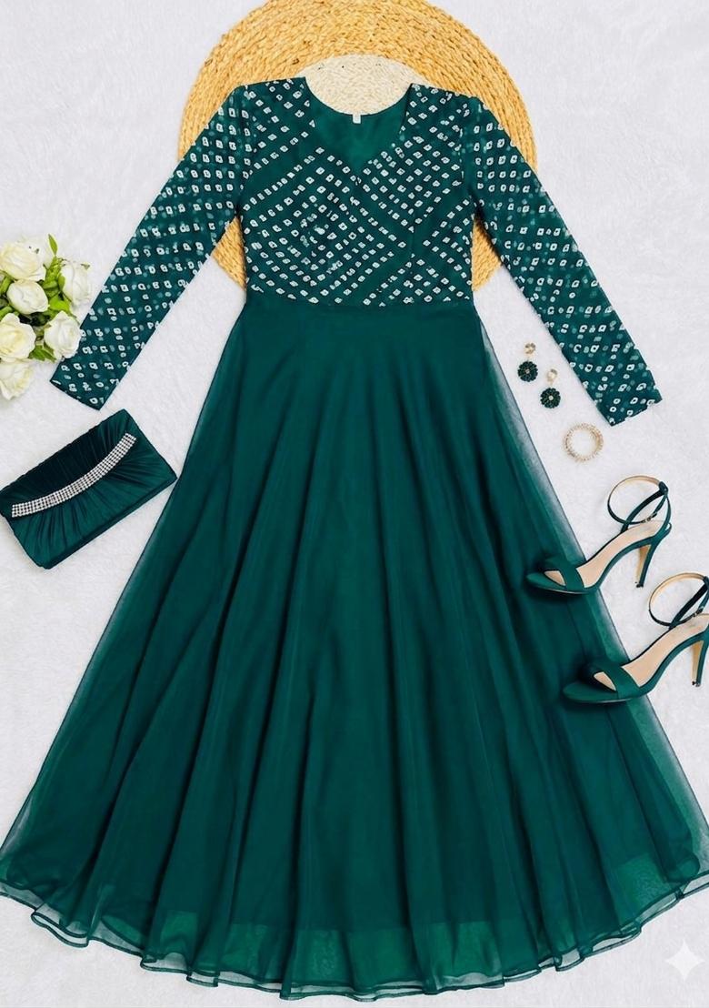 Green Printed Crepe Kurta - Indya
