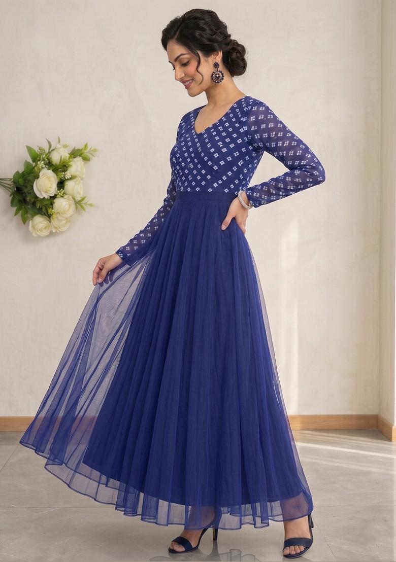 Royal Blue Printed Crepe Kurta - Indya