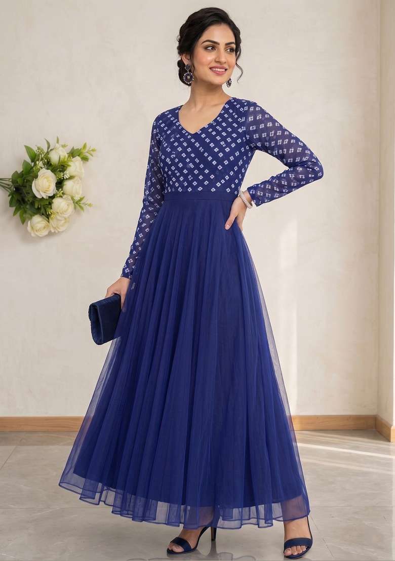 Royal Blue Printed Crepe Kurta - Indya