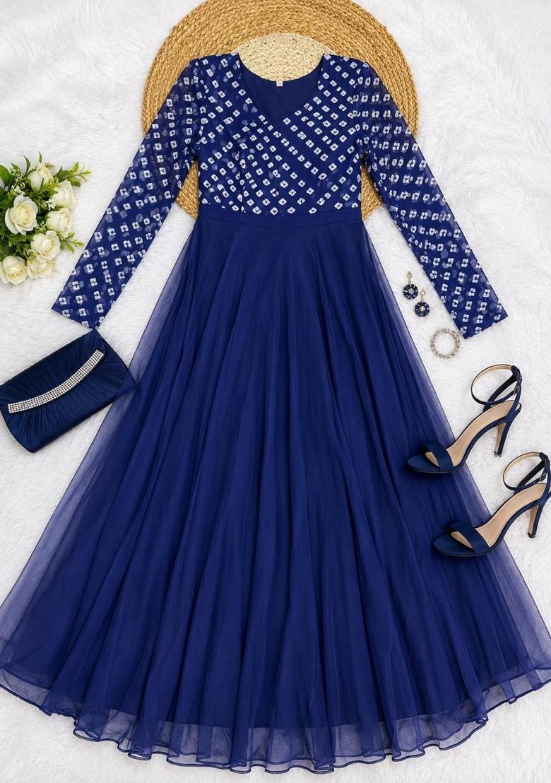 Royal Blue Printed Crepe Kurta - Indya