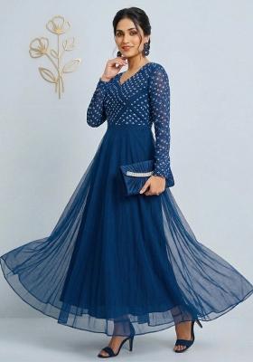 Teal Printed Crepe Kurta