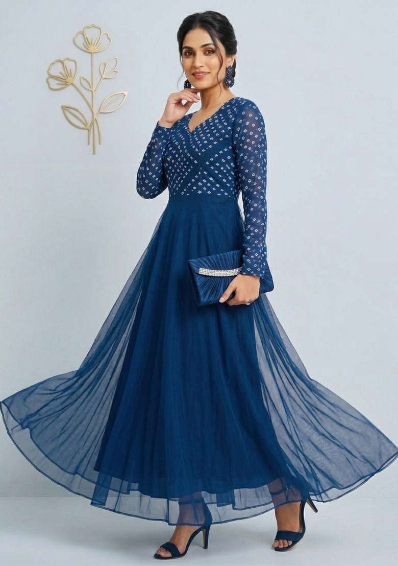 Teal Printed Crepe Kurta - Indya