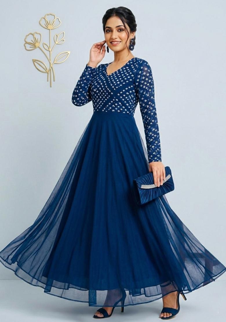Teal Printed Crepe Kurta - Indya
