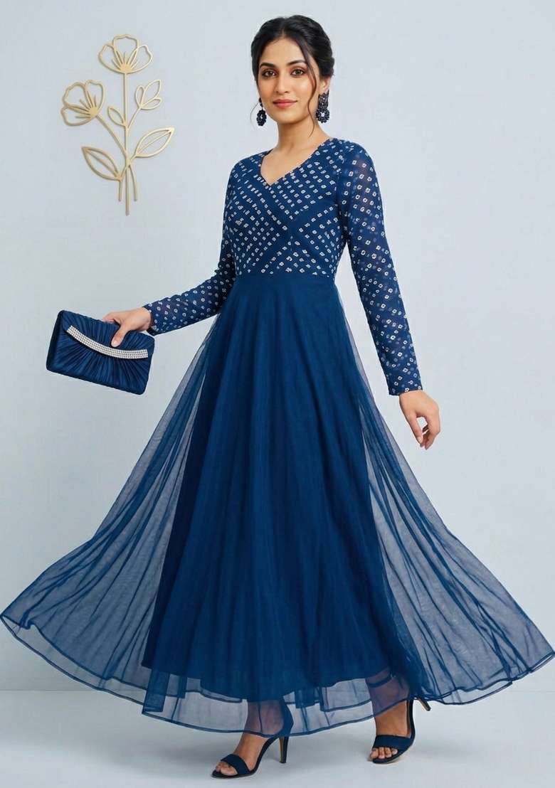 Teal Printed Crepe Kurta - Indya