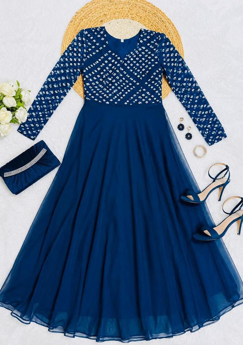 Teal Printed Crepe Kurta - Indya