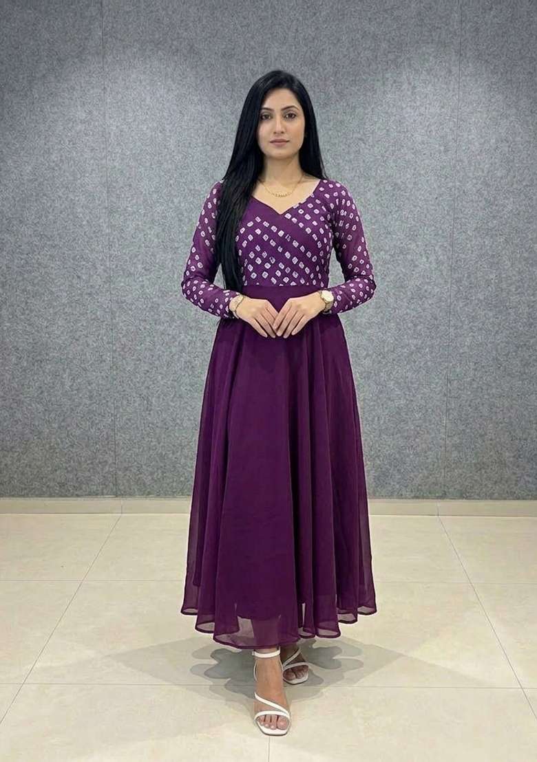 Wine Printed Crepe Kurta - Indya
