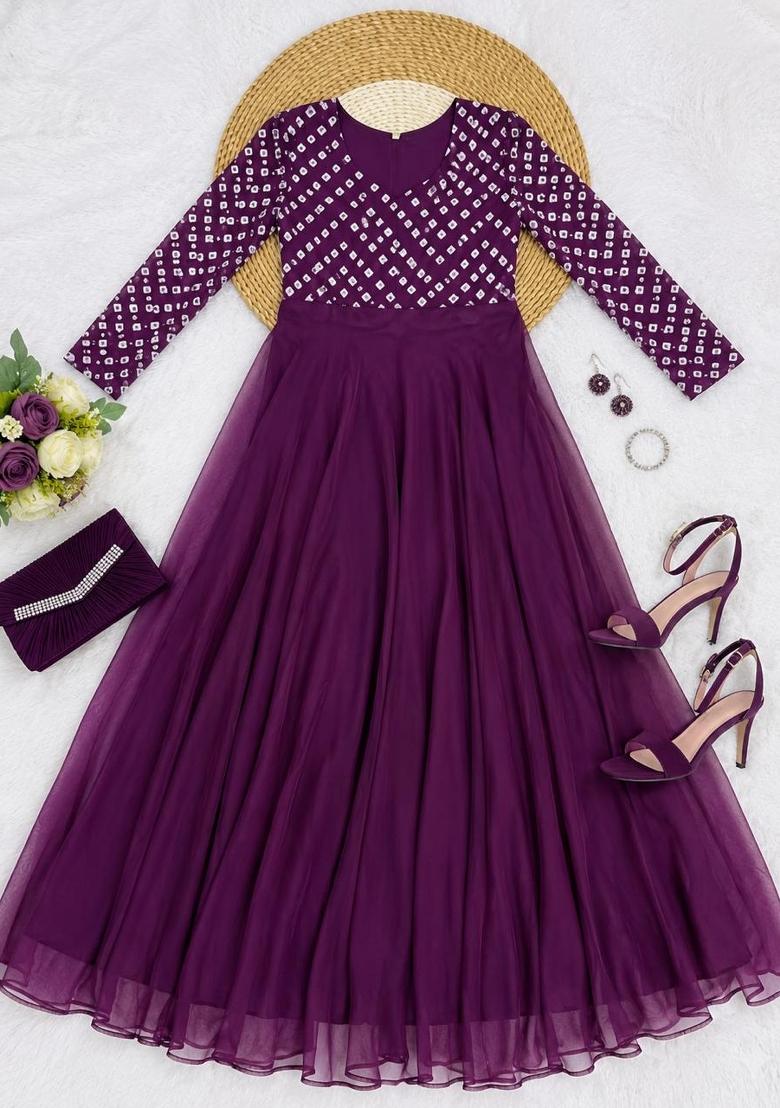 Wine Printed Crepe Kurta - Indya