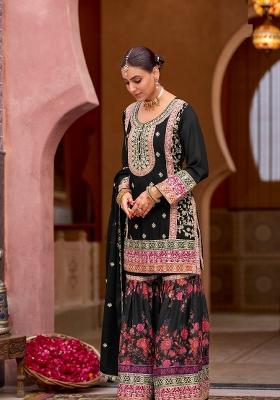 Black Embroidered Chinon Kurta Set