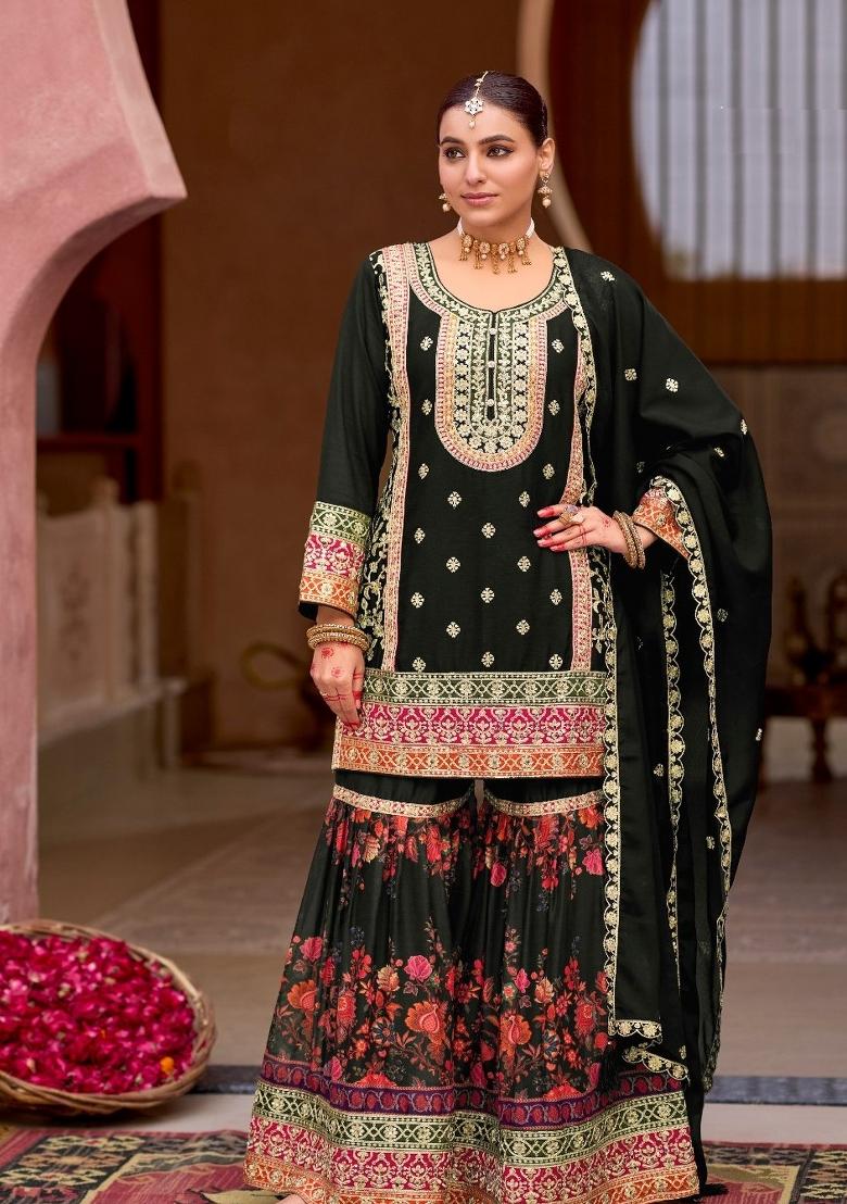 Black Embroidered Chinon Kurta Set - Indya