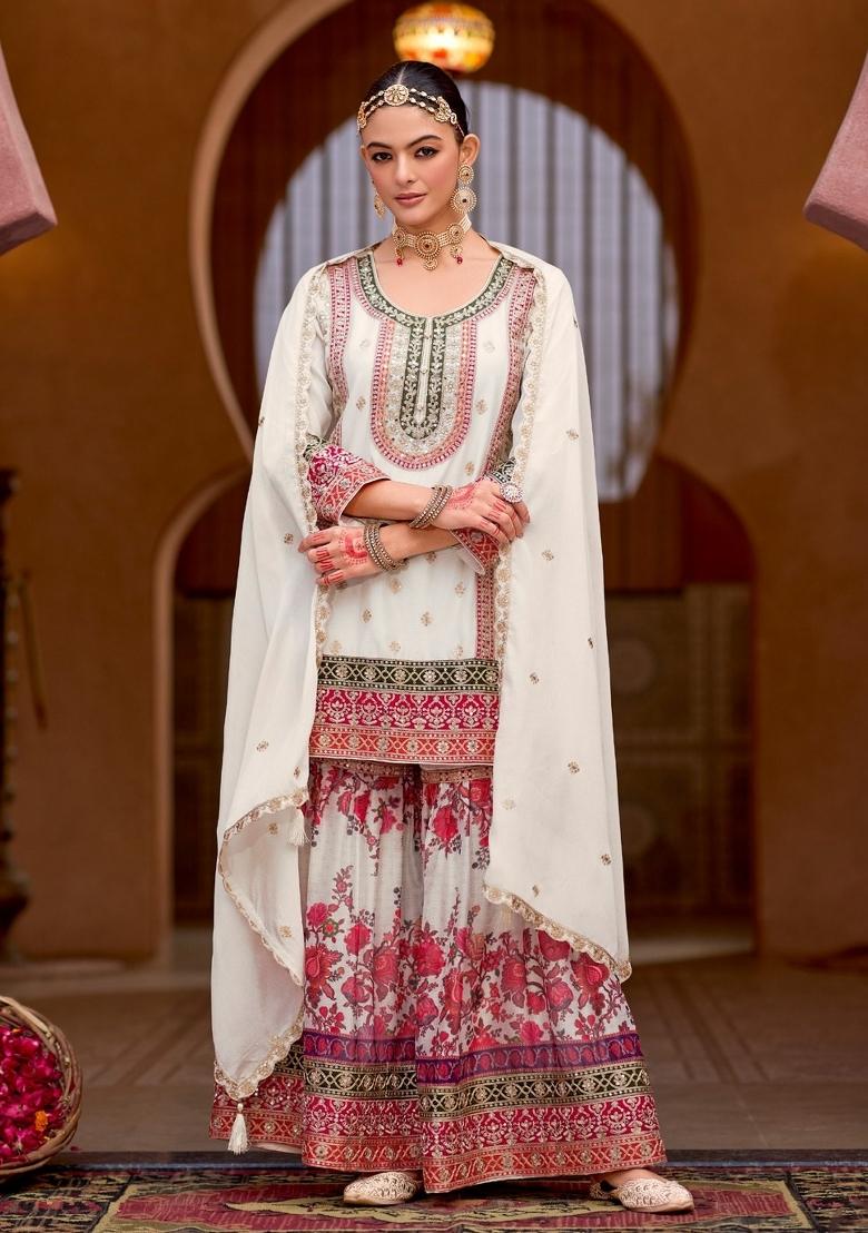 White Embroidered Chinon Kurta Set - Indya
