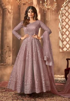 Mauve Embroidered Net Kurta Set