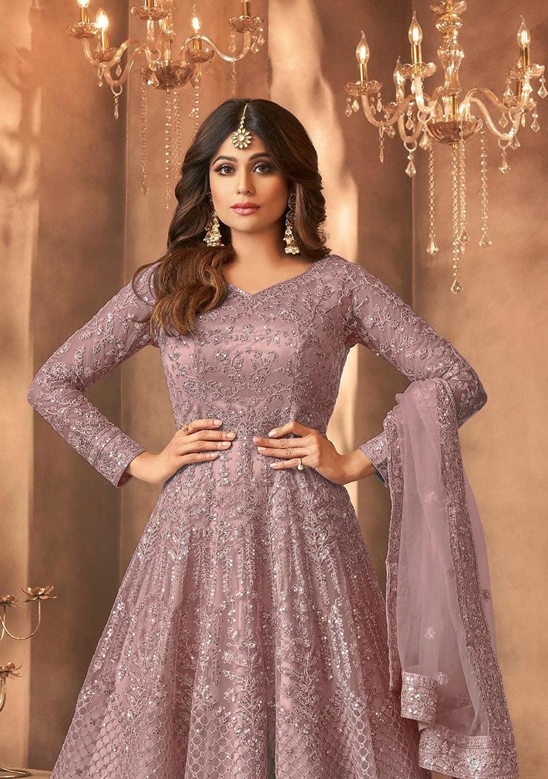 Mauve Embroidered Net Kurta Set - Indya