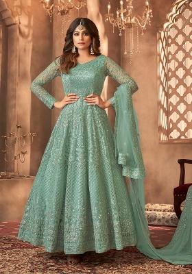 Green Embroidered Net Kurta Set