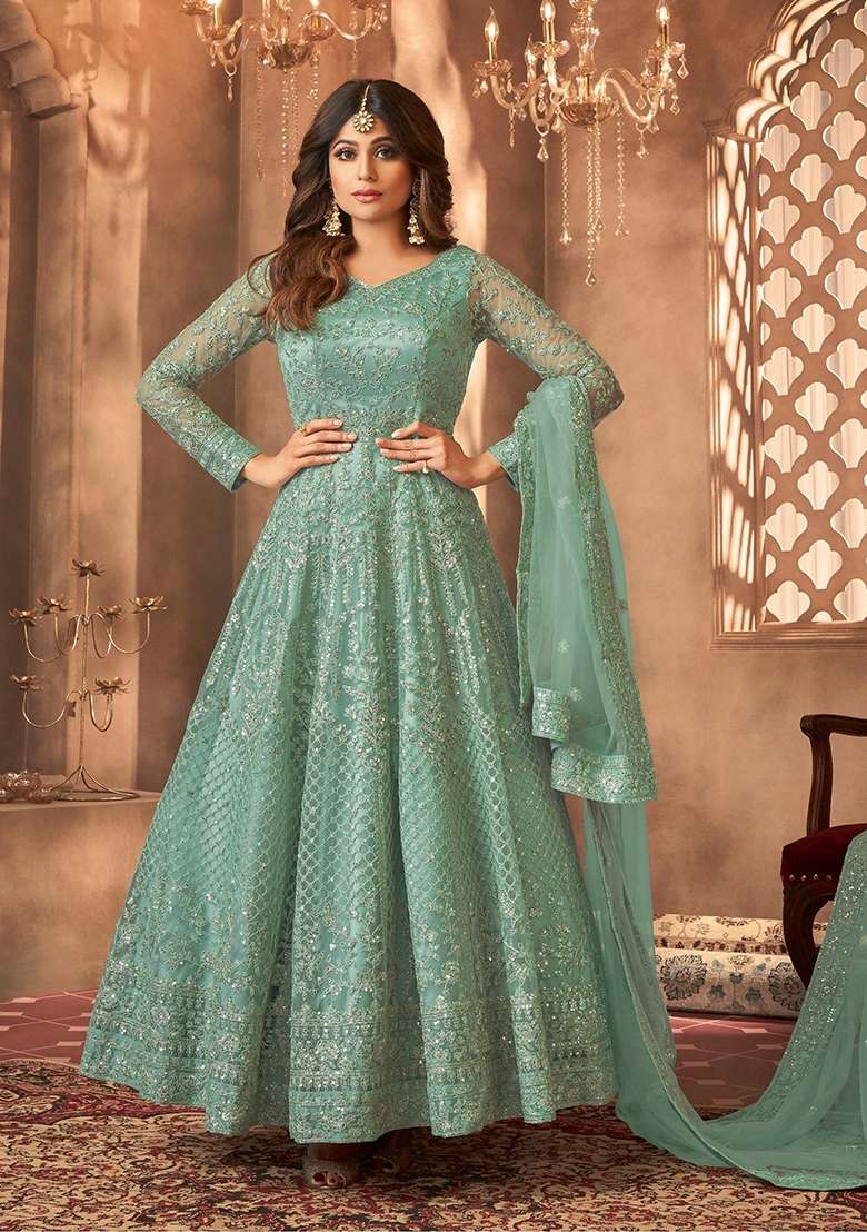 Green Embroidered Net Kurta Set - Indya