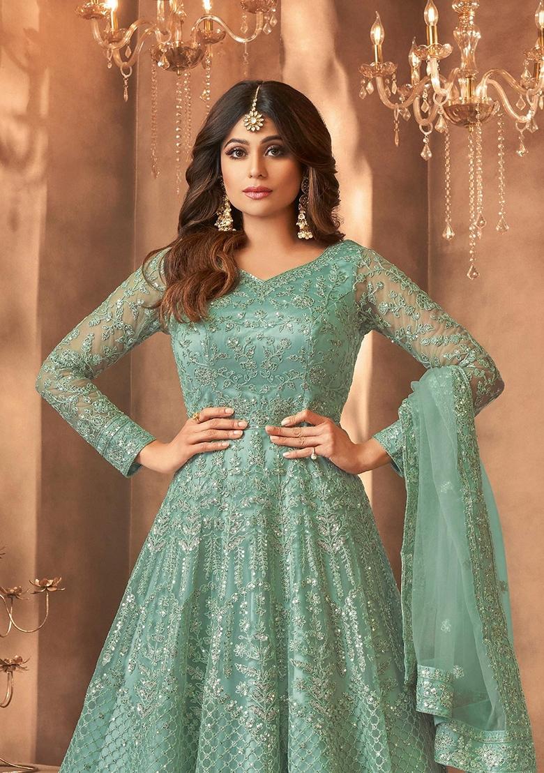 Green Embroidered Net Kurta Set - Indya