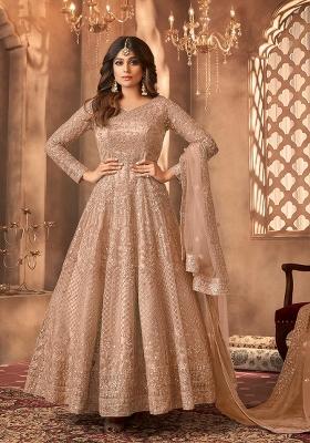 Beige Embroidered Net Kurta Set