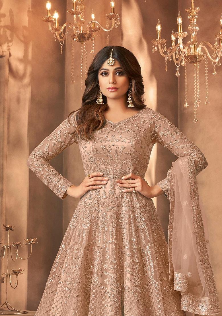Beige Embroidered Net Kurta Set - Indya