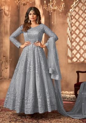 Grey Embroidered Net Kurta Set