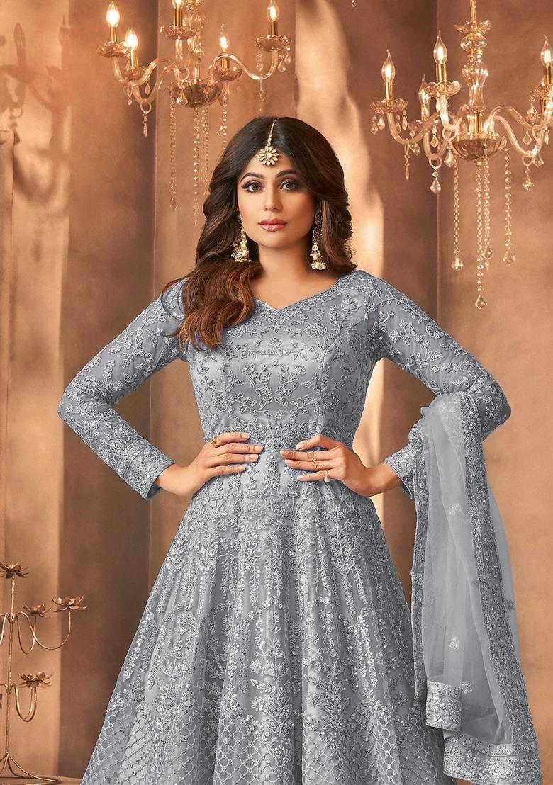 Grey Embroidered Net Kurta Set - Indya