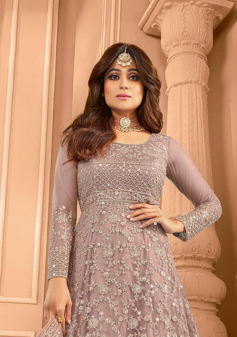Mauve Embroidered Net Kurta Set - Indya