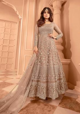 Beige Embroidered Net Kurta Set