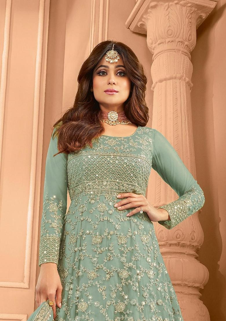 Green Embroidered Net Kurta Set - Indya