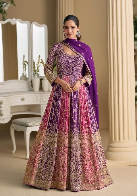 Purple Embroidered Georgette Anarkali With Dupatta