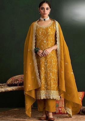 Mustard Embroidered Vichitra Kurta Set