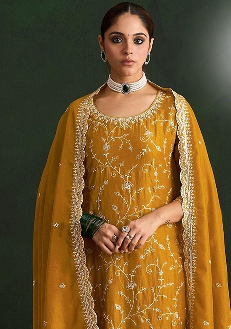 Mustard Embroidered Vichitra Kurta Set - Indya