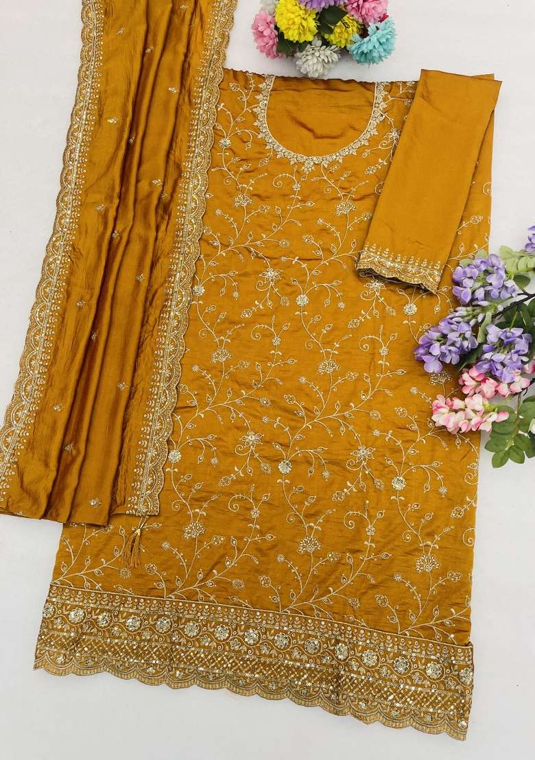 Mustard Embroidered Vichitra Kurta Set - Indya