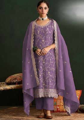 Lavender Embroidered Vichitra Kurta Set