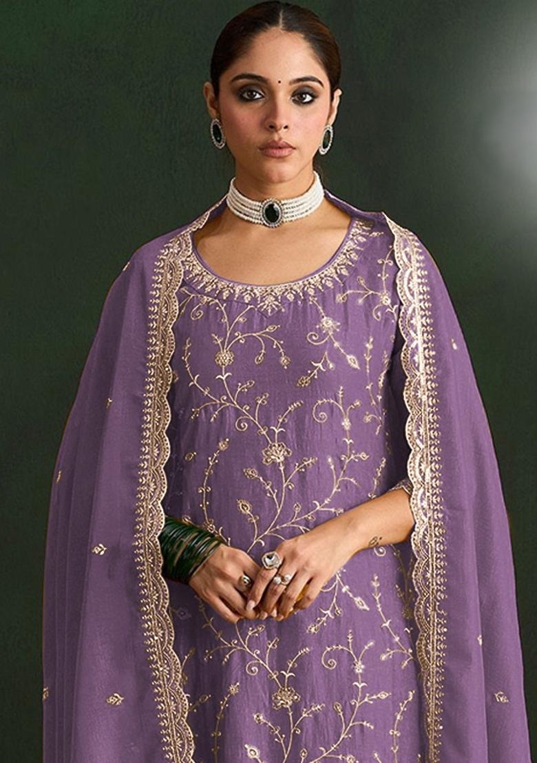 Lavender Embroidered Vichitra Kurta Set - Indya