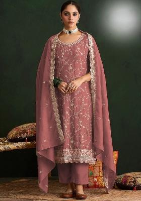 Mauve Embroidered Vichitra Kurta Set