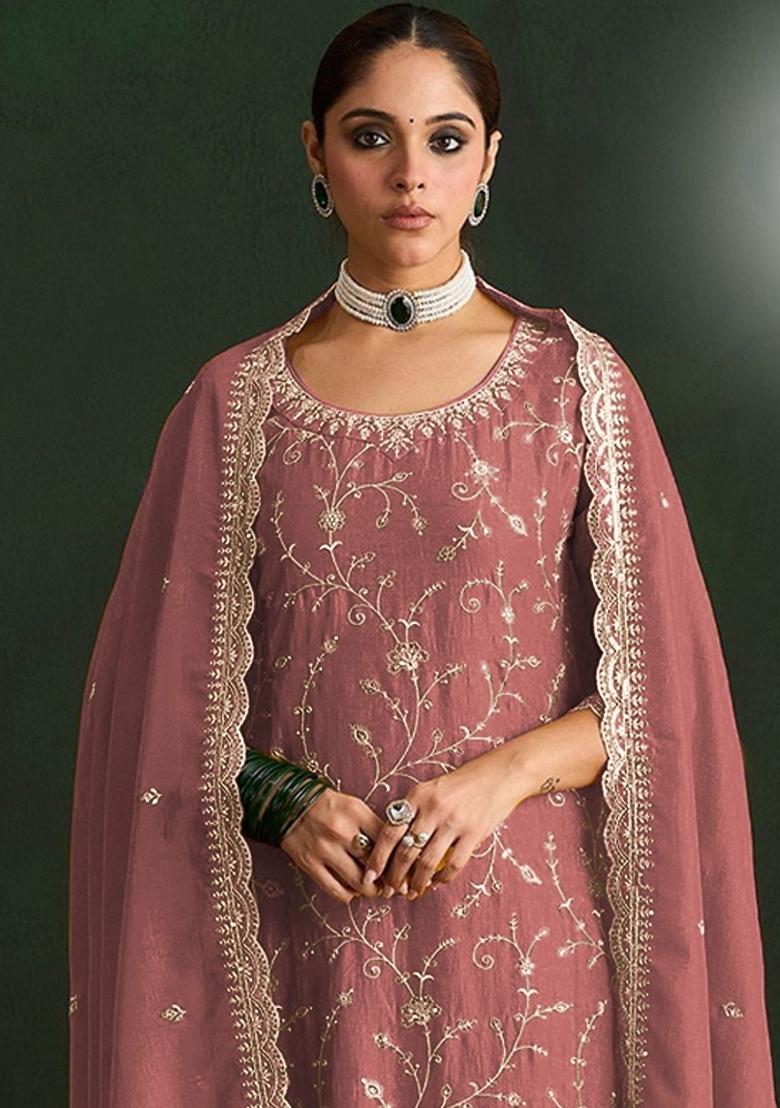 Mauve Embroidered Vichitra Kurta Set - Indya