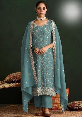 Teal Blue Embroidered Vichitra Kurta Set