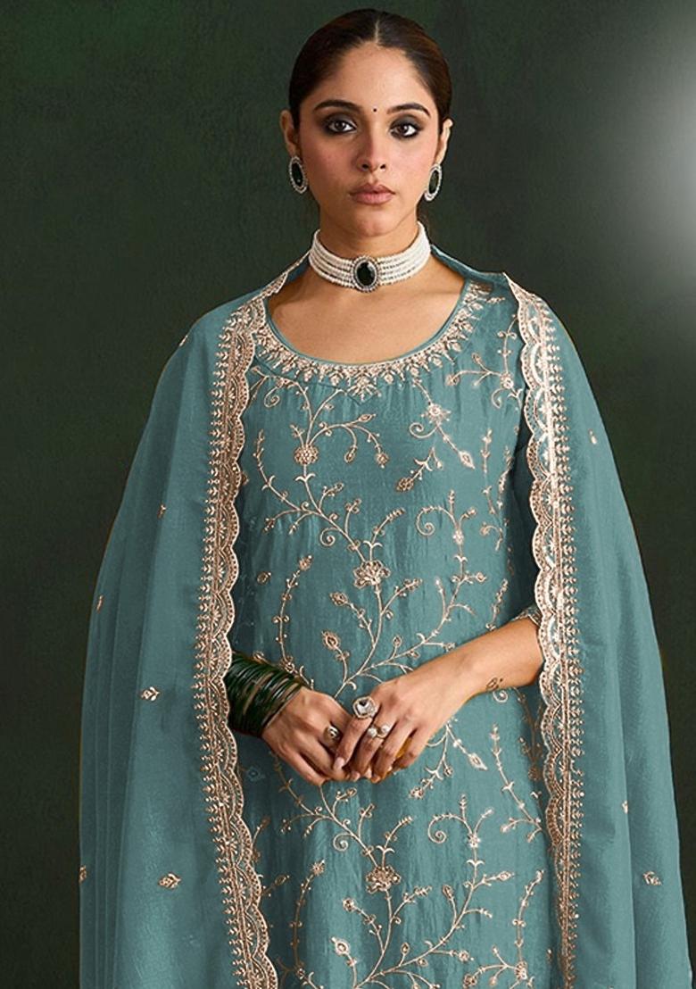Teal Blue Embroidered Vichitra Kurta Set - Indya