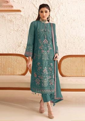 Teal Green Embroidered Georgette Kurta Set