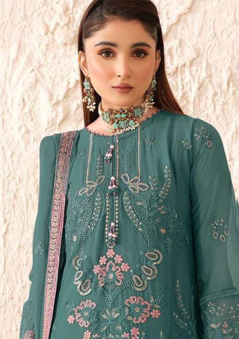 Teal Green Embroidered Georgette Kurta Set - Indya