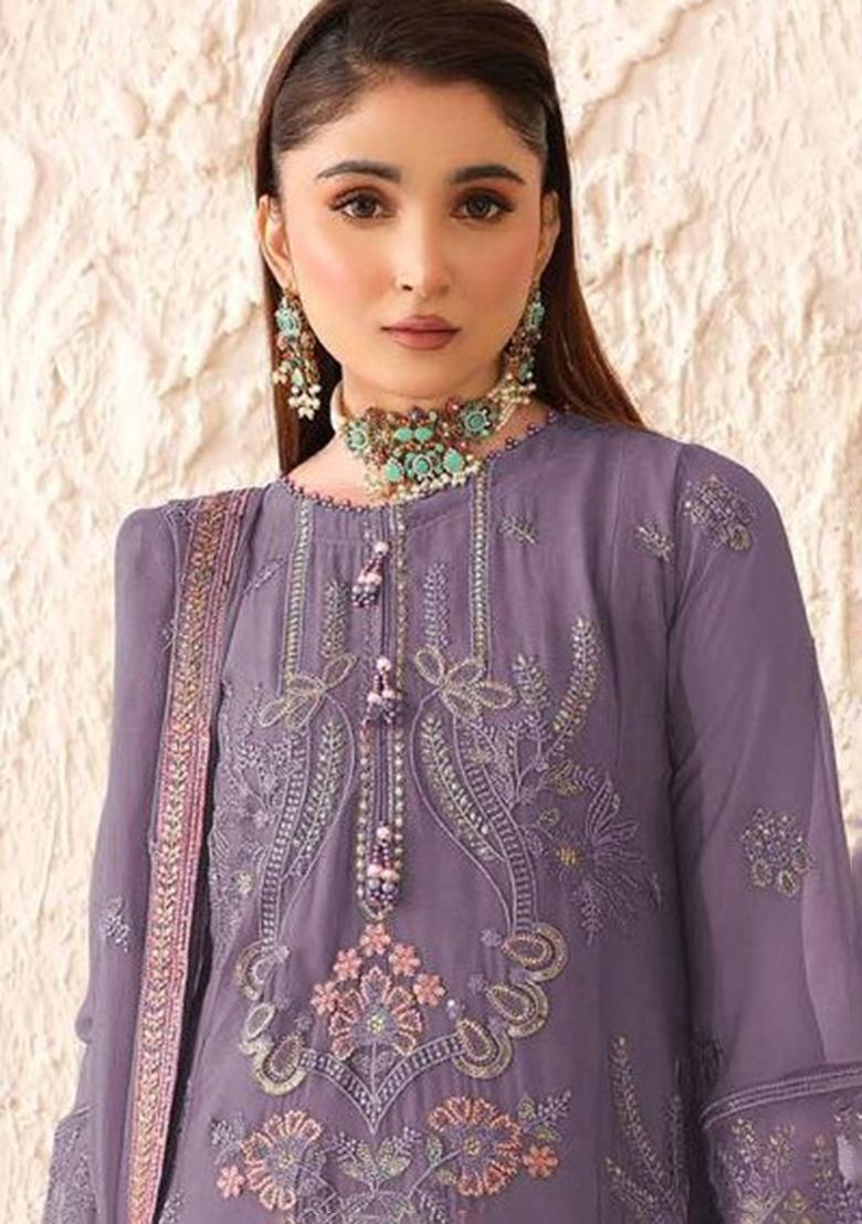 Lavender Embroidered Georgette Kurta Set - Indya