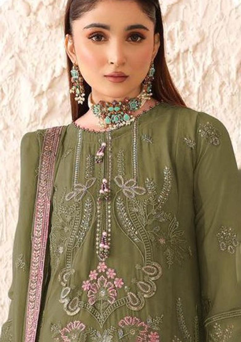 Green Embroidered Georgette Kurta Set - Indya