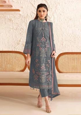 Grey Embroidered Georgette Kurta Set