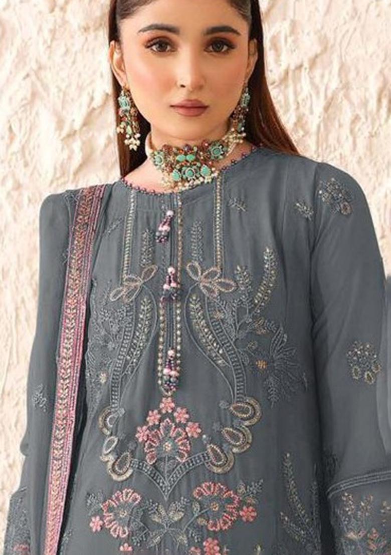 Grey Embroidered Georgette Kurta Set - Indya