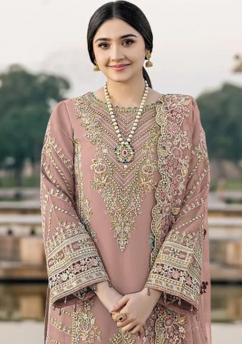 Peach Embroidered Chiffon Kurta Set - Indya