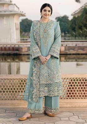Sky Blue Embroidered Chiffon Kurta Set