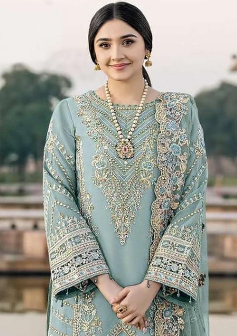 Sky Blue Embroidered Chiffon Kurta Set - Indya