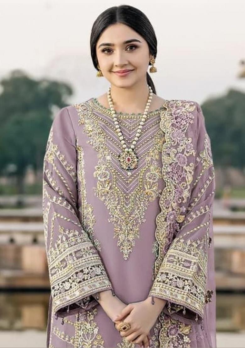Purple Embroidered Chiffon Kurta Set - Indya